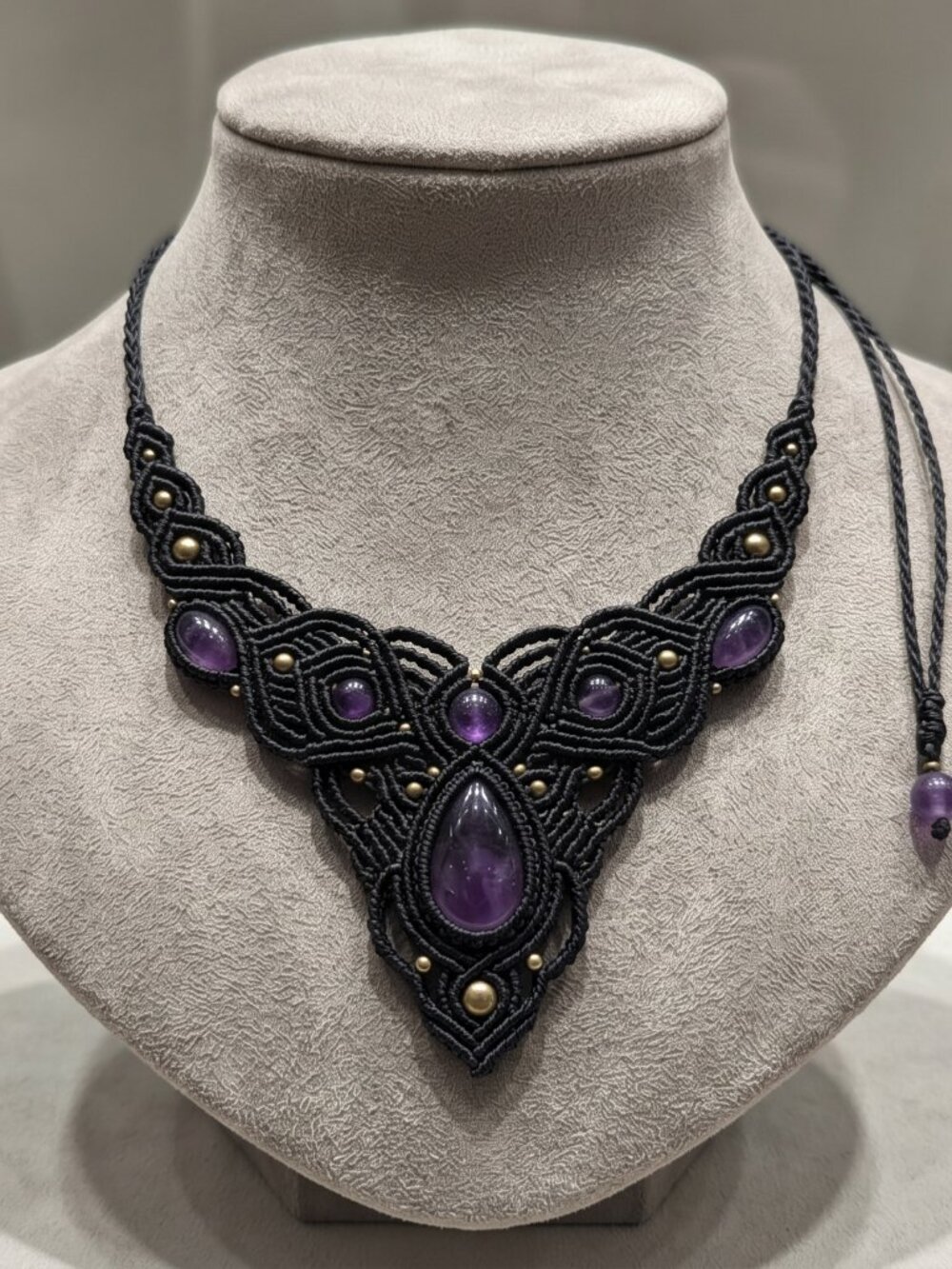 Macrame Necklace with Natural Amethyst Amulet for Protection